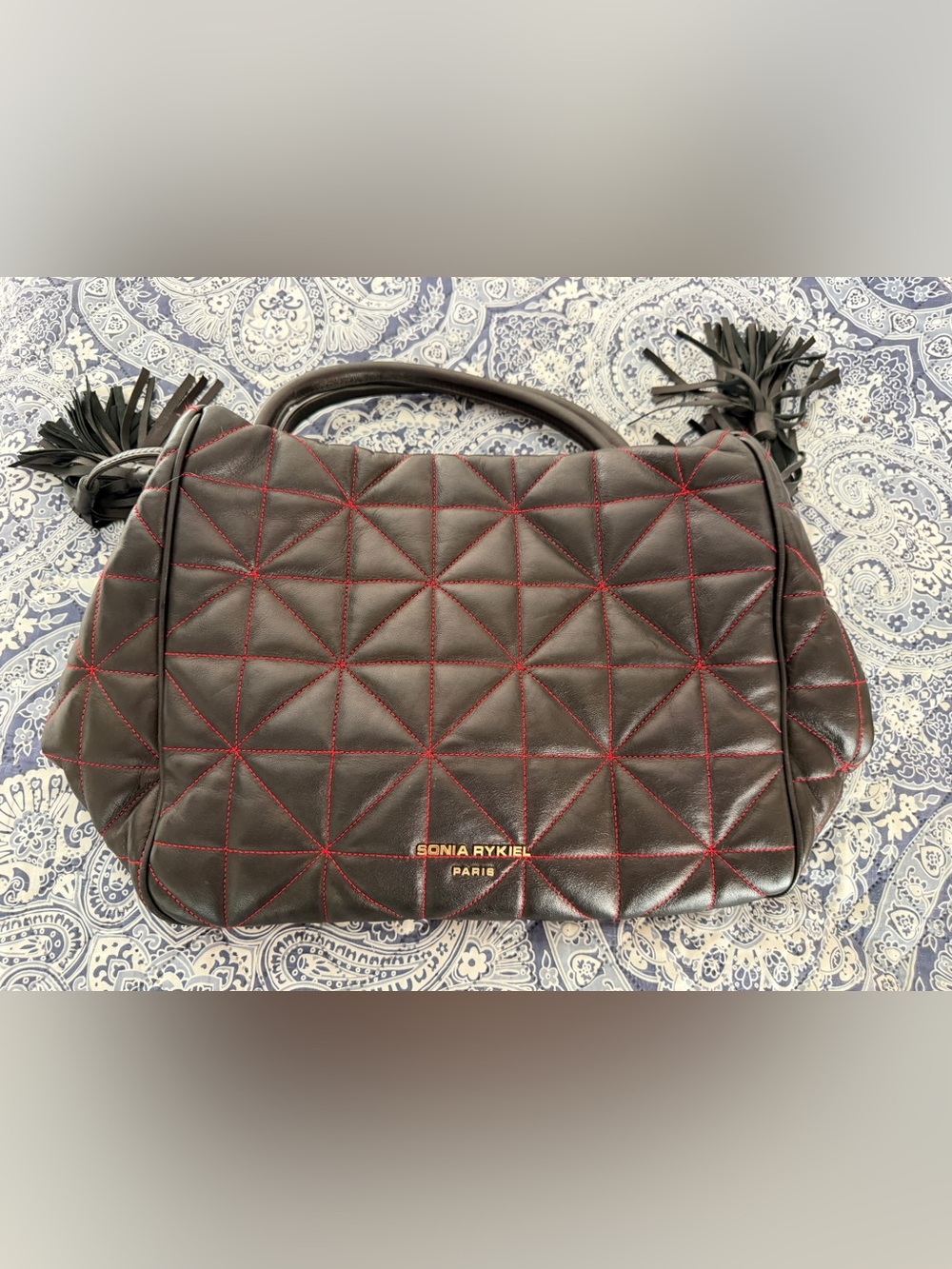 Sonia Rykiel Large Black Quilted Leather Shoulder Bag with Red Topstitching